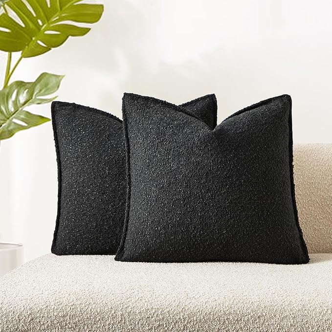JUSPURBET Black Decorative Pillow Covers 22x22 Set of 2 Throw Pillow Covers for Couch Sofa Bed Cozy Boucle Textured Cushion Covers Cases with Hidden Zipper for Living Room Home Decor