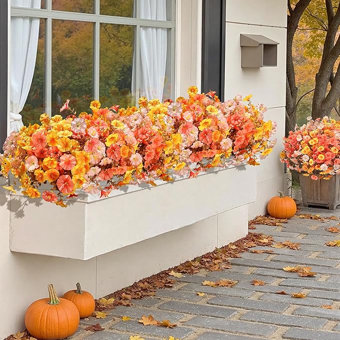 Artificial Mums for Outdoors Fake Fall Flowers Plants for Autumn Decoration, 12 Bundles Silk Morning Glory with Eucalyptus Look Real UV Resistant Faux Mums for Outside Planters Yard Patio Porch, Mix