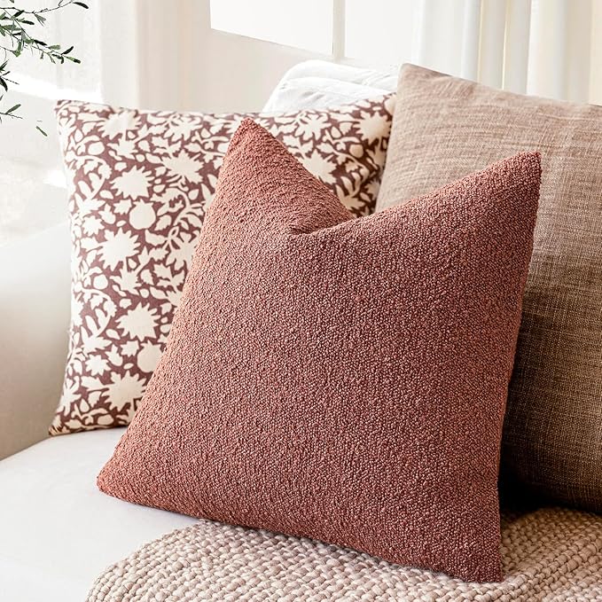 Foindtower Decorative Textured Boucle Throw Pillow Covers Accent Solid Pillow Cases Neutral Soft Cozy Couch Cushion Case for Chair Sofa Bedroom Living Room Home Decor 18x18 Inch,1PC,Orange Rust Red