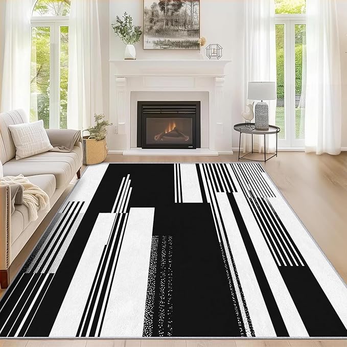 Black and White Stripe Rugs for Home Decor, 7x9 ft, Modern Stripes Area Rugs for Living Room, Soft Non Slip Washable Abstract Striped Carpet Bedroom Decorations Dt-Ghf-31