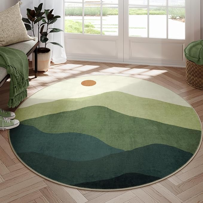 6ft Round Rugs for Living Room,Soft Washable Non-Slip Large Circle Rug,Chic Mountain Low-Pile Circular Bedroom Rug Indoor Round Carpets for Kidsroom/Nursery/Office(Green)