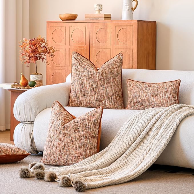 a moment Fall Rust Orange Reversible Pillow Covers 2 Pack - Farmhouse Chenille Throw Pillows, Neutral Textured Decorative Throw Pillow Covers with Border for Couch Sofa Bed (12x20 Inch, No Insert)