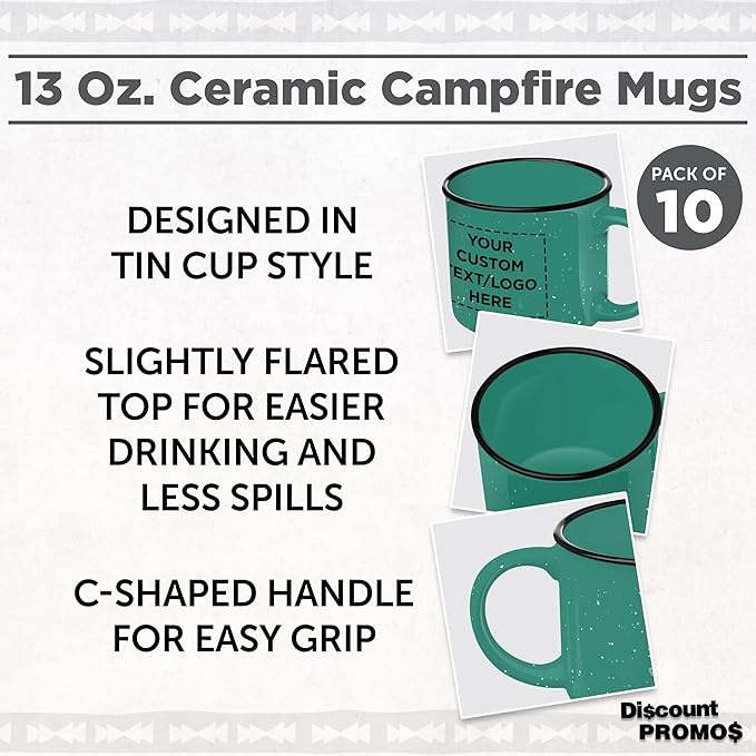 DISCOUNT PROMOS Custom Ceramic Campfire Coffee Mugs 13 oz. Set of 10, Personalized Bulk Pack - Perfect for Tea, Espresso, Cappuccino, Hot Cocoa - Mint