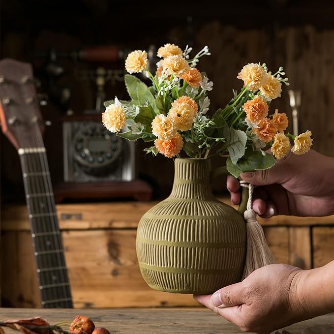 Farmhouse Vase with Handle and Tassel, Grey Yellow Vertical Stripes Design Clay Vase 10'' Tall - Ceramic Flower Vase for Rustic Home Decor, for Fireplace Kitchen Living Room Centerpieces