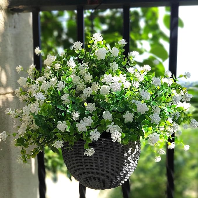 12 Bundles Artificial Flowers for Outdoors, UV Resistant Fake Flowers with Plastic Plants, Faux Flowers for Outside Window Box Front Porch Hanging Planter Decor (White)