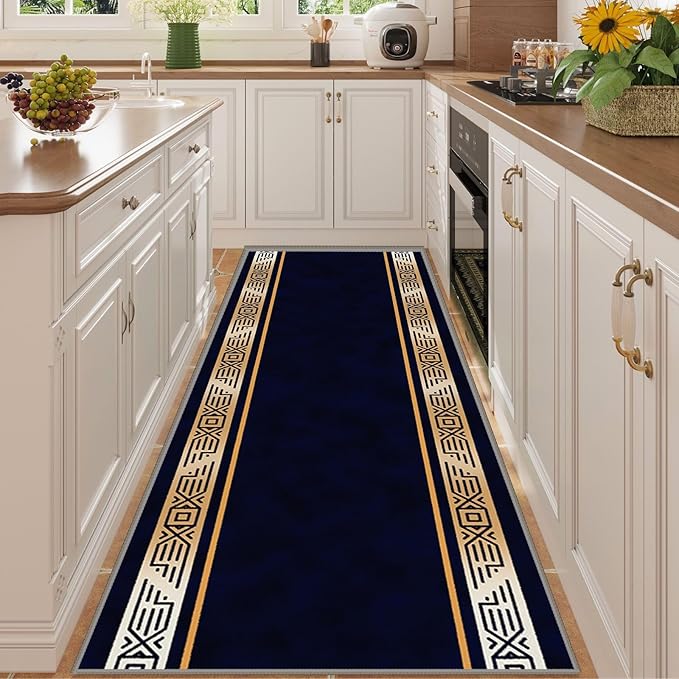 Abstract Navy Blue Runner for Entryway, 1.3x7ft, Retro Luxury Gold Geometric Border Living Room Rug, Print Fade Resistant Absorbent Dirty Resistant Long Indoor Rugs for Bedside Sofa