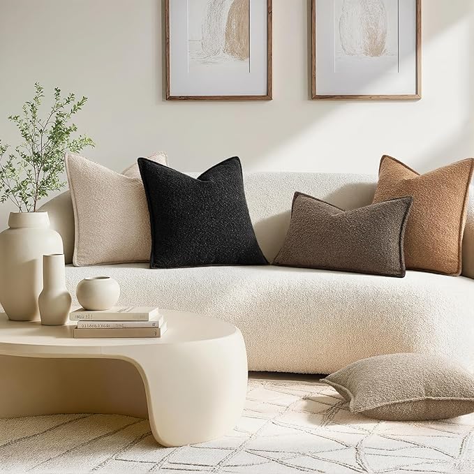 MIULEE Pack of 2 Decorative Textured Boucle Throw Pillow Covers 20x20 Inch Black Broadside Thick Boho Pillows for Farmhouse Accents Sofa Couch Bedroom Living Room Home Decor