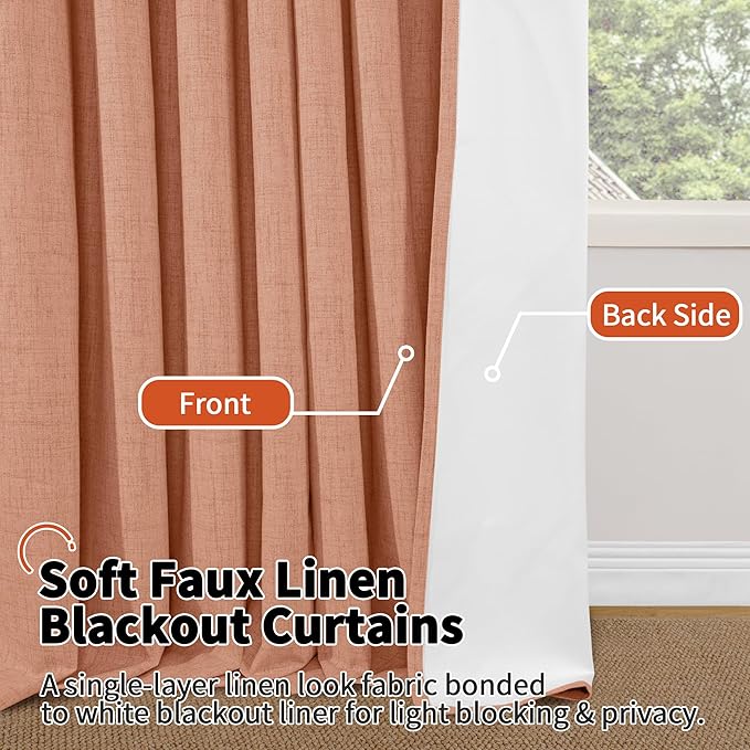 Lajode Linen Blackout Curtains 72 Inch Long for Bedroom, 100% Black Out Fall Curtains for Bedroom Living Room, Light Blocking Thermal Insulated Window Curtains, Each 52x72 Inch 2 Panels, Terracotta