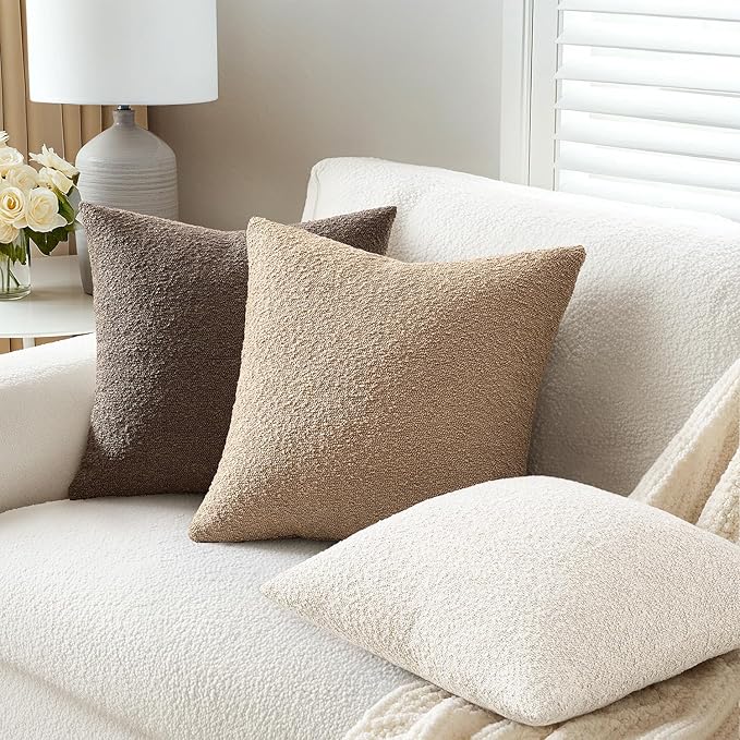 ANRODUO Pack of 2 Textured Boucle Throw Pillow Covers Soft White Euro Decorative Accent Solid Pillow Cases Cozy Modern Couch Cushion Case for Chair Sofa Bedroom Living Room Home Decor, 24 x 24 Inch