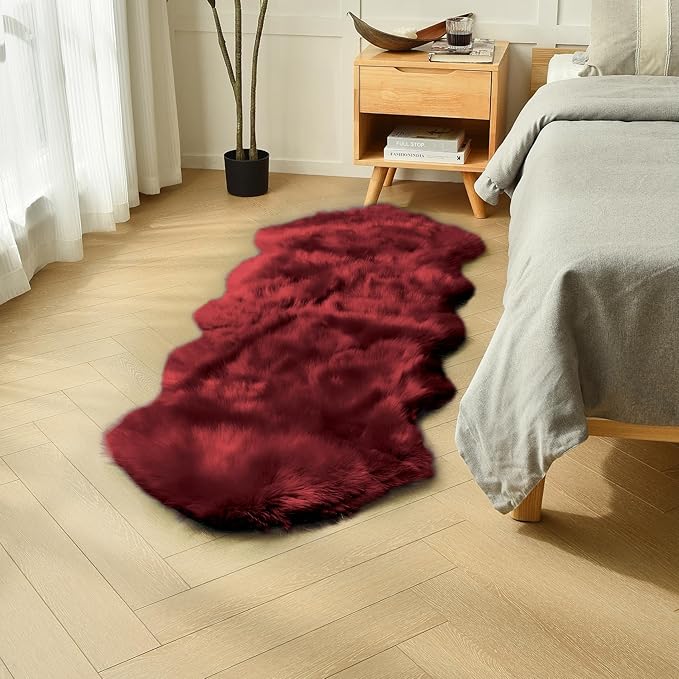 duduta Burgundy Faux Sheepskin Runner Rug 2x6 ft, Fluffy Shag Bedroom Dorm Rug Decor Fur Seat Couch Covers Washable