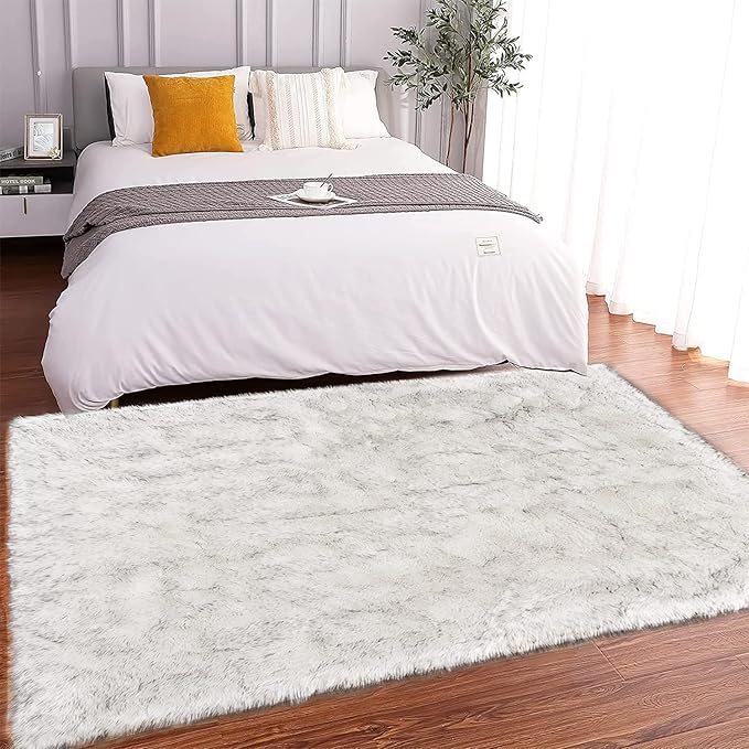 Latepis Rugs for Living Room Faux Fur Rug 5x6.7 White with Grey Tips Washable Sheepskin Rugs Bedside Shag Rug for Bedroom Dorm Home Decor Rectangle