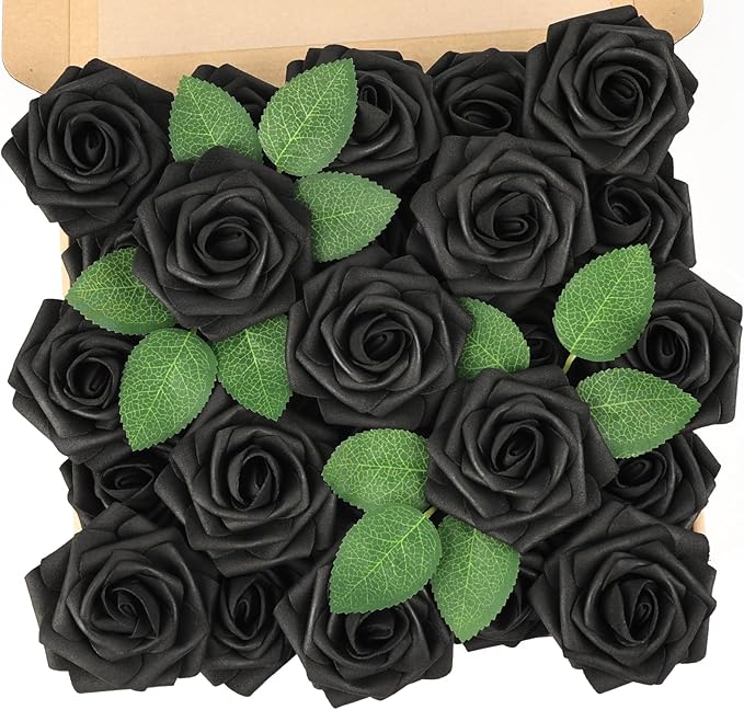 N&T NIETING Artificial Flowers Black Rose 25pcs Real Touch Flowers Perfect for for DIY Bouquets Wedding Party Baby Shower Home Halloween Decoration
