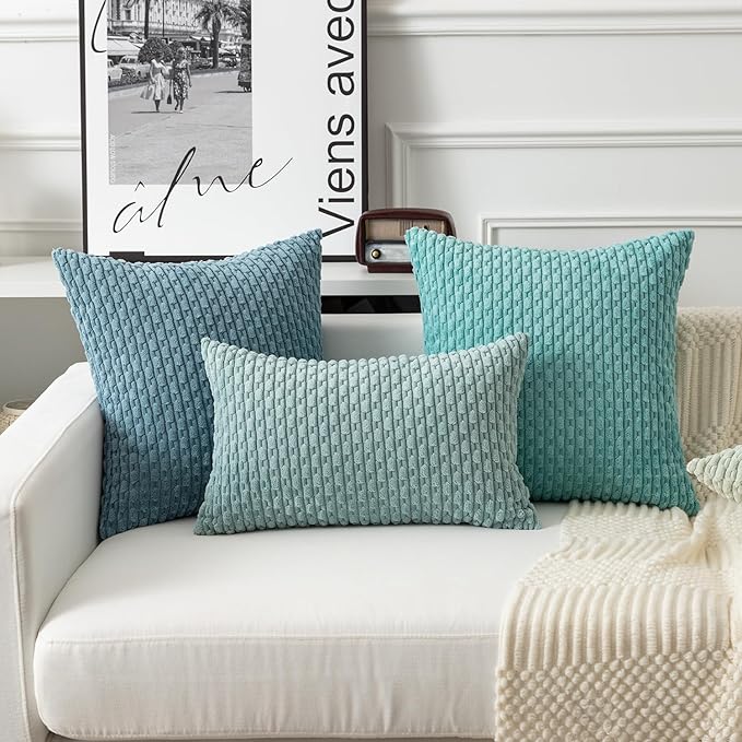 Kevin Textile Throw Pillow Covers Soft Corduroy Decorative Set of 2 Boho Striped Pillow Covers Pillowcases Farmhouse Home Decor for Couch Bed Sofa Living Room 24x24 Inch Dusty Green