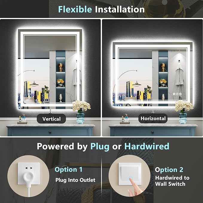 38x38 LED Bathroom Mirror with Lights, Backlit & Front Lit, Anti-Fog Lighted Vanity Mirror for Bathroom Wall, 3 Colors, Dimmable, Memory, HD Tempered Glass, Shatter-Proof, CRI>90, ETL Listed