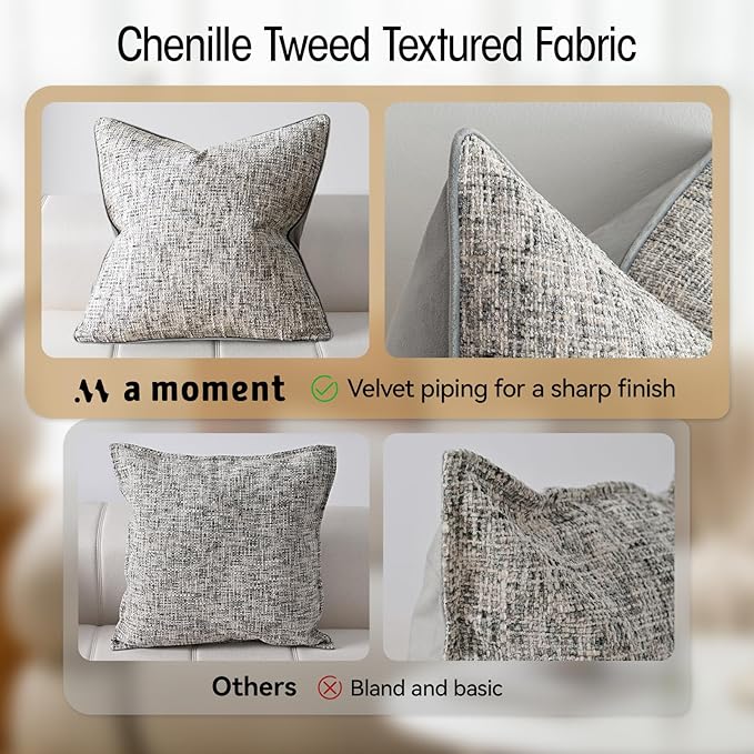 a moment Grey Reversible Pillow Covers 2 Pack - Farmhouse Chenille Throw Pillows, Neutral Textured Decorative Throw Pillow Covers with Border for Couch Sofa Bed (20x20 Inch, No Insert)