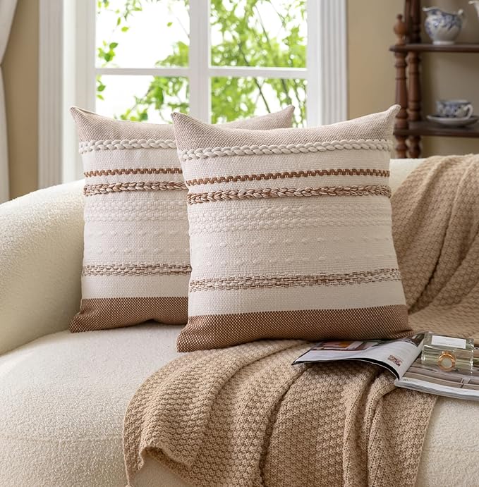 Boho Throw Pillow Covers 20x20 Inch Set of 2, Brown Textured Decorative Couch Pillow Cases for Farmhouse Home Decor, Accent Cushion Cover for Sofa, Bed, Living Room, Bedroom