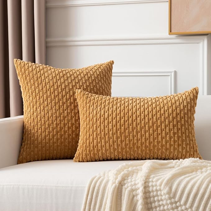 Kevin Textile Throw Pillow Covers Soft Corduroy Decorative Set of 2 Boho Striped Pillow Covers Pillowcases Farmhouse Home Decor for Couch Bed Sofa Living Room 12x20 Inch Gold