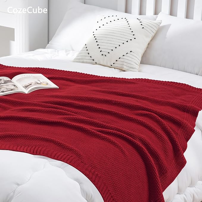 CozeCube Christmas Red Throw Blanket for Couch, Soft Cozy Cable Knit Throw for Bed Sofa Living Room, Lightweight Warm Decorative Farmhouse Christmas Blanket, 60"x80", Red