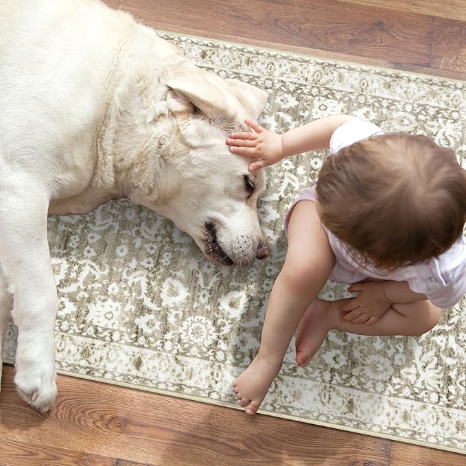 Vintage Floral 2.6x8 Runner Rug, Beige Tan White Washable Kitchen Runner Rug Non-Slip Hallway Rug Runner Thin Printed Faux Wool Super Soft Carpet for Entryway Bedroom Laundry Room Indoor