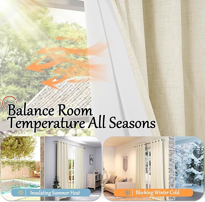 Lajode 40 Inch Length Linen Blackout Curtains for Short Cafe Window, Thermal Insulated Light Blocking Soundproof Privacy Burlap Curtains 2 Panels, Each 38 Inch Wide Cream