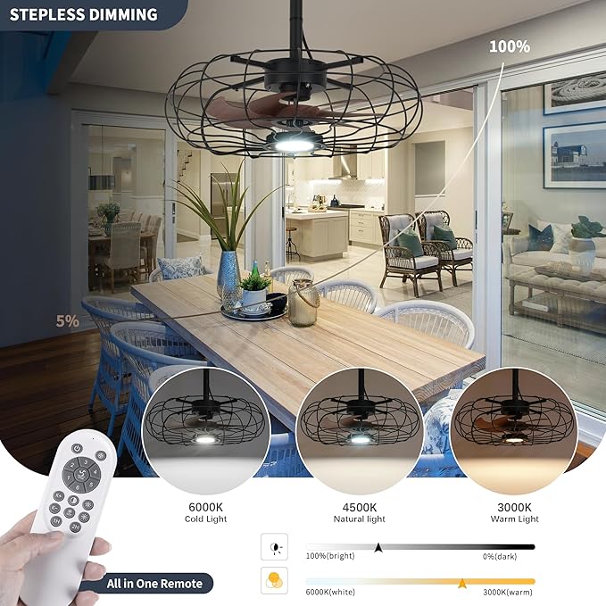 20" Outdoor Ceiling Fan with Light, With Remote and App Remote, IP65 Waterproof Gazebo Hanging Fan, 3CCT Dimmable, Portable Plug in Ceiling Fan with Cord Hook for Patio Porch Pergola Indoor(Black)