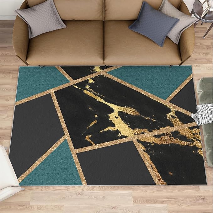 Black Gold Marble Area Rugs Emerald Green Abstract Marble Carpet Medieval Geometry Area Rug Indoor Non-Slip Carpet Golden Geometric Lines Rugs for Bedroom 4x6ft