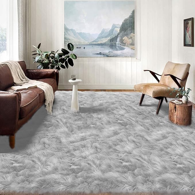 Latepis Area Rugs 10x14 Living Room Washable Rugs Grey Faux Sheepskin Fur Fluffy Rug for Bedroom Fuzzy Shag Rug for Sofa Play Room Entertainment Room, Rectangle