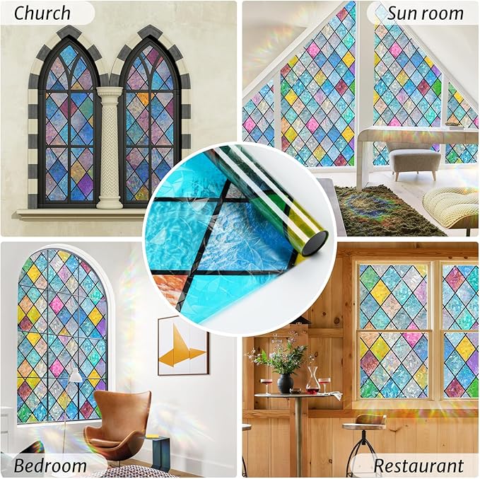 rabbitgoo Stained Glass Window Film Rainbow Film Decorative 3D Privacy Sticker Colorful Lattice Window Decals Cling, Sun Catcher Static Decals for Home 17.5"×118.1"