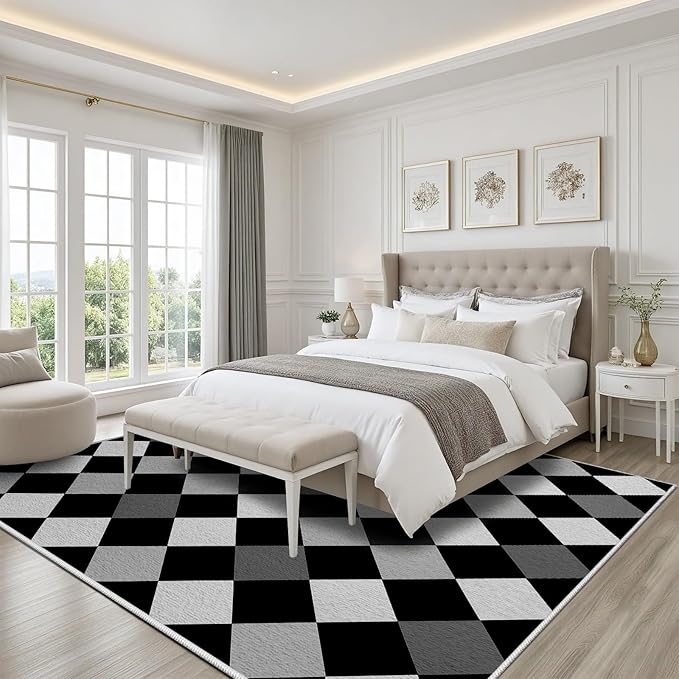 Black and White Rug 6x9, Rhombus Geometric Soft Ultra Soft Faux Wool Low Pile Rug, Indoor Floor Mats Carpet, Non-Slip Stain Resistant Washable Rugs, Modern Abstract Checkered Rugs for Living Room