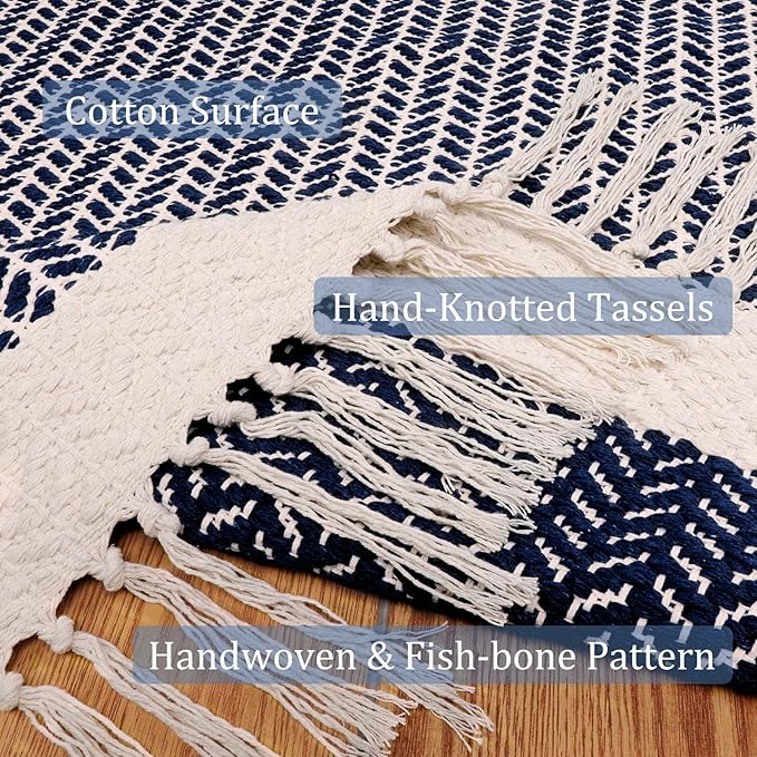 Lahome Boho Kitchen Runner, 2x6 Laundry Room Rug Lightweight Runners for Hallways Washable Runner Rug with Tassels, Farmhouse Cotton Blue Throw Rugs Non Shedding Carpet for Entryway Bathroom