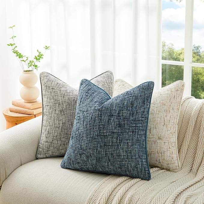 a moment Blue Reversible Pillow Covers 2 Pack - Farmhouse Chenille Throw Pillows, Neutral Textured Decorative Throw Pillow Covers with Border for Couch Sofa Bed (20x20 Inch, No Insert)