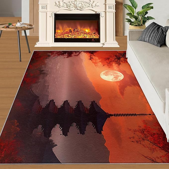 Japanese Style Area Rug 5x6 Washable Rug Red Maple Leaves Rugs for Living Room Sunset Scene Non Slip Carpet Floral Print Mat Bedroom Bathroom