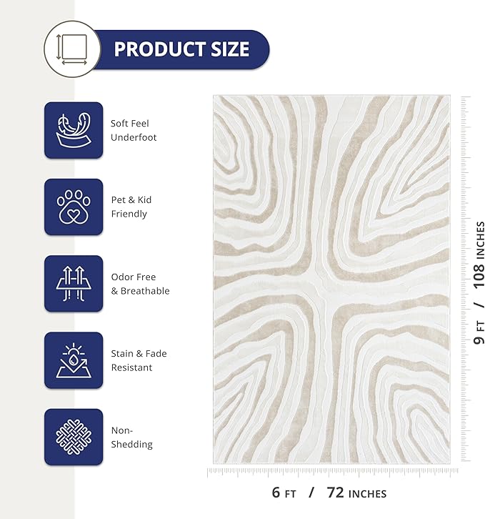 Abani Beige Area Rug - 6' x 9' - Living Room & Bedroom - Abstract Wave Design - Indoor Use - Easy to Clean, Stain Resistant, Non-Shedding - Neutral Collection
