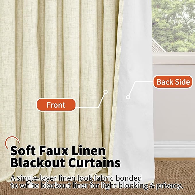 Lajode 40 Inch Length Linen Blackout Curtains for Short Cafe Window, Thermal Insulated Light Blocking Soundproof Privacy Burlap Curtains 2 Panels, Each 38 Inch Wide Cream