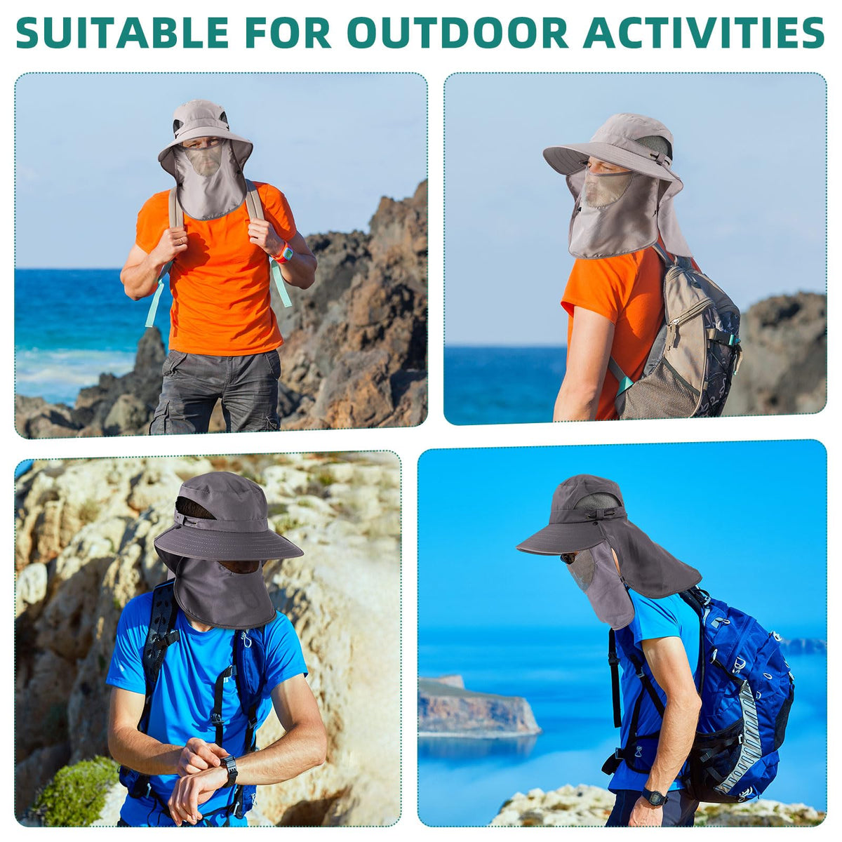 Cuffbow 3 Pcs Sun Hat for Men Women with Neck Flap Breathable Wide Brim Bucket Hat UV Protection UPF 50+ Fishing Hiking(Dark Gray, Gray, Army Green)
