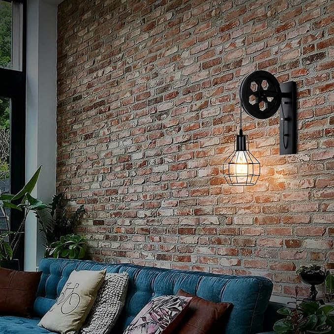 1-Light Rustic Wall Light Lift Pulley with Matte Iron Cage Lampshade Industrial Mid Century Sconce for Indoor Lighting Barn Restaurant (Black Color)
