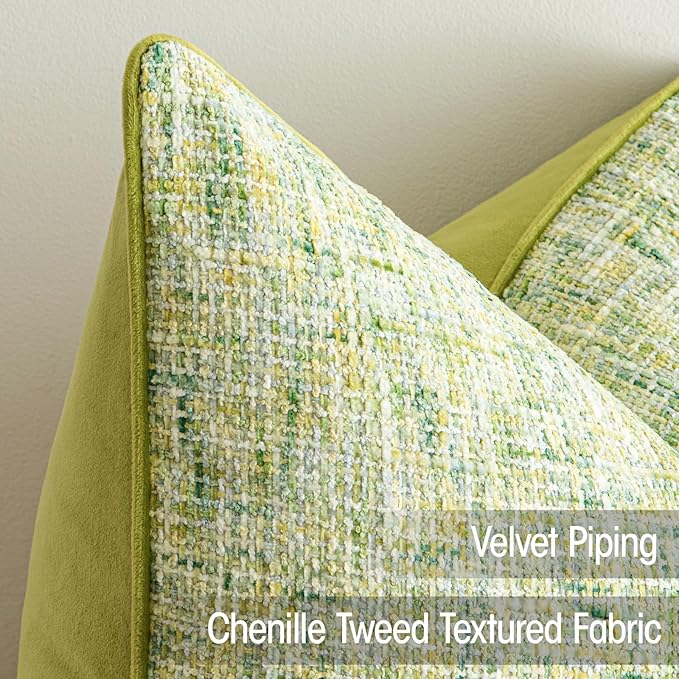 a moment Green Reversible Pillow Covers 2 Pack - Farmhouse Chenille Throw Pillows, Neutral Textured Decorative Throw Pillow Covers with Border for Couch Sofa Bed (20x20 Inch, No Insert)