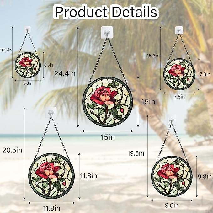 Stained Glass Window Hanging, Red Rose Flowers Sun Catcher for Door Garden Home Decor Suncatcher Christmas Mother's Day Birthday Gifts for Women Lovers Men Wife Girlfriend Mom Nana 11.8 in