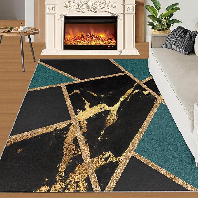 Black Gold Marble Area Rugs Emerald Green Abstract Marble Carpet Medieval Geometry Area Rug Indoor Non-Slip Carpet Golden Geometric Lines Rugs for Bedroom 6x9ft