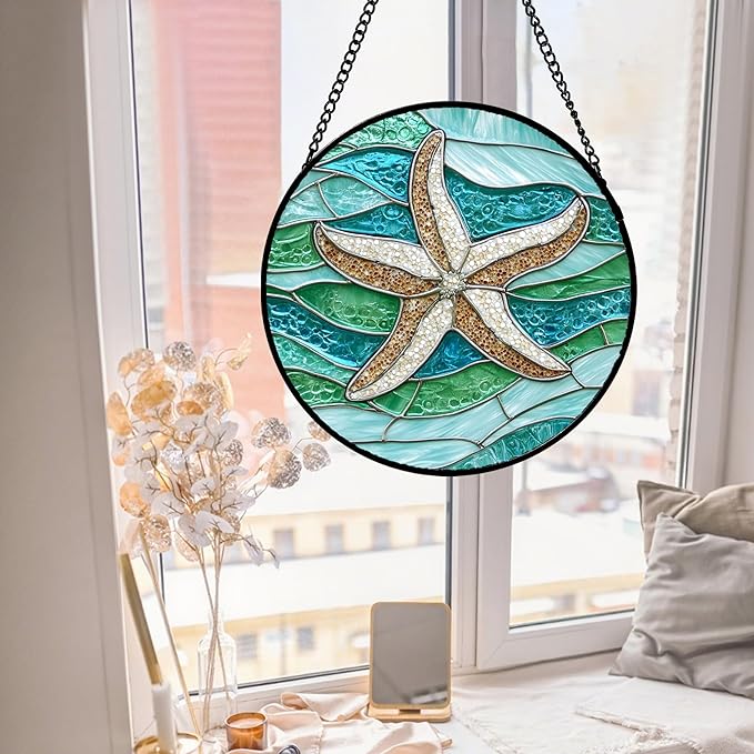 Stained Glass Window Hanging Teal Sea Waves Starfish 9.8" - Suncatcher Door Garden Sun Catcher Home Decor Birthday Mother's Day for Mom Men Woman Parents Her Child Nana