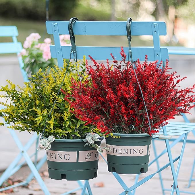 Artificial Outdoor Plants UV Resistant Artificial Greenery Lavender 20 Bundles UV Resistant Hanging Planter Flora Fence Indoor Outside Decor Wedding Table Flowers Arrangement Bouquet Filler(Red)