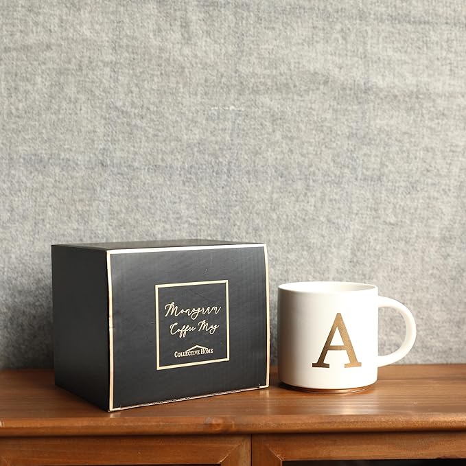 COLLECTIVE HOME - Monogram Ceramic Mugs, 15 oz Golden Initial Coffee Cups, Elegant Alphabet Tea Mugs, Elegant Personalized Mug with Gift Box, Unique Mug with Double Side Capital Letter (A)