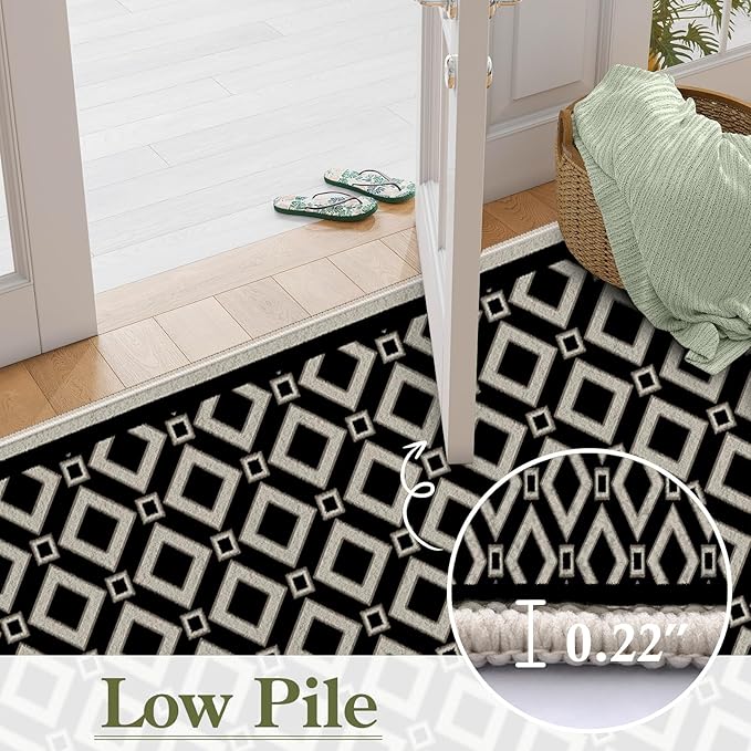 Moroccan Trellis Bedroom Area Carpets, 2x8ft, Modern Checkered Washable Hallway Runner Rugs, with Non Slip Backing Durable Cozy Low Pile Rug for Kitchen Bath Room Laundryroom