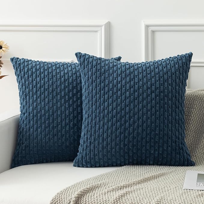 Kevin Textile 2 Packs Blue Decorative Throw Pillow Covers 22x22 Inch for Living Room Couch Bed Sofa Soft Striped Corduroy Square Cushion Case 55x55 cm Rustic Farmhouse Boho Home Decor