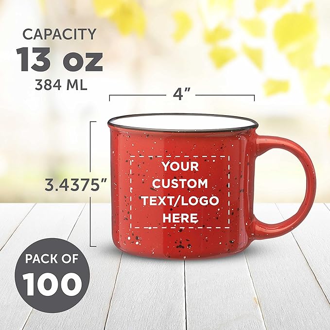 DISCOUNT PROMOS Custom Ceramic Campfire Coffee Mugs 13 oz. Set of 10, Personalized Bulk Pack - Perfect for Tea, Espresso, Cappuccino, Hot Cocoa - Red
