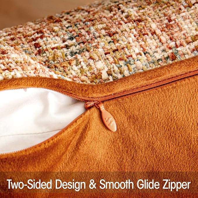 a moment Fall Rust Orange Reversible Pillow Covers 2 Pack - Farmhouse Chenille Throw Pillows, Neutral Textured Decorative Throw Pillow Covers with Border for Couch Sofa Bed (12x20 Inch, No Insert)