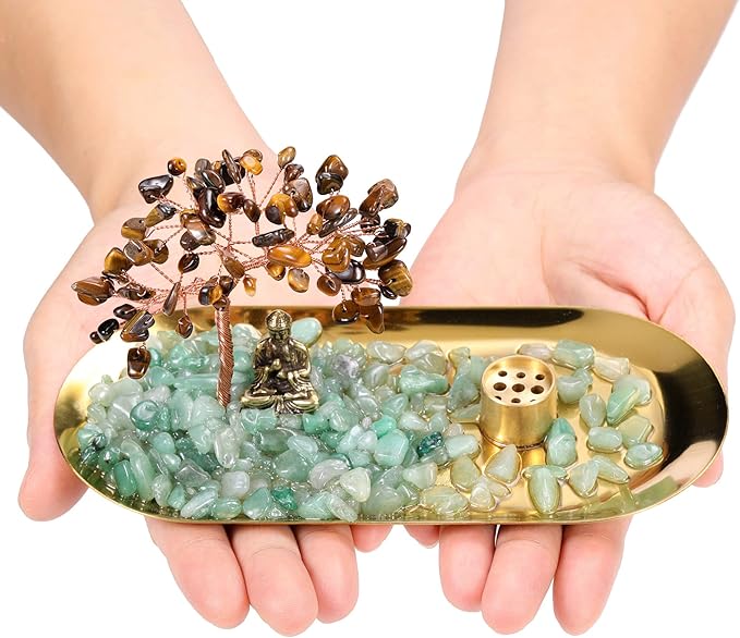 Jovivi Crystal Incense Holder for Sticks, Tiger Eye Healing Crystal Stone Money Tree Buddha Statue Set Incense Burner, Incense Trays for Wealth, Good Luck,Yoga Meditation Home Decor