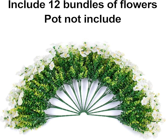 Artificial Flowers Fake Plants for Outdoors Decoration, 12 Bundles White Silk Morning Glory with Eucalyptus Realistic UV Resistant Faux Flowers for Outside Planter Porch Yard Patio Garden Home Indoor