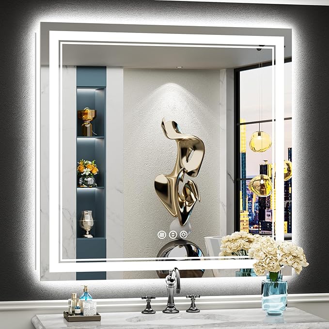 38x38 LED Bathroom Mirror with Lights, Backlit & Front Lit, Anti-Fog Lighted Vanity Mirror for Bathroom Wall, 3 Colors, Dimmable, Memory, HD Tempered Glass, Shatter-Proof, CRI>90, ETL Listed