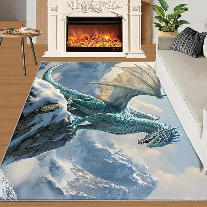 Dragon Area Rug 6x8 Washable Rug Fantasy Animals Rugs for Living Room Winter Landscape Non Slip Carpet Floral Print Mat Bedroom Bathroom